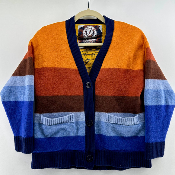 GRATEFUL DEAD Vintage Striped Cardigan SWEATER Orange Blue Brown WOMENS S - Picture 1 of 14